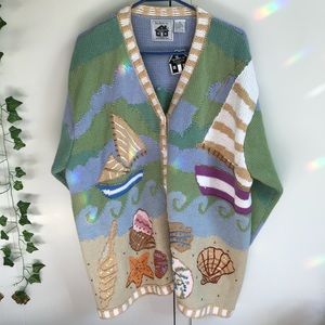 Storybrook Knits hand-knit Ocean Scene cardigan. Women’s 2X